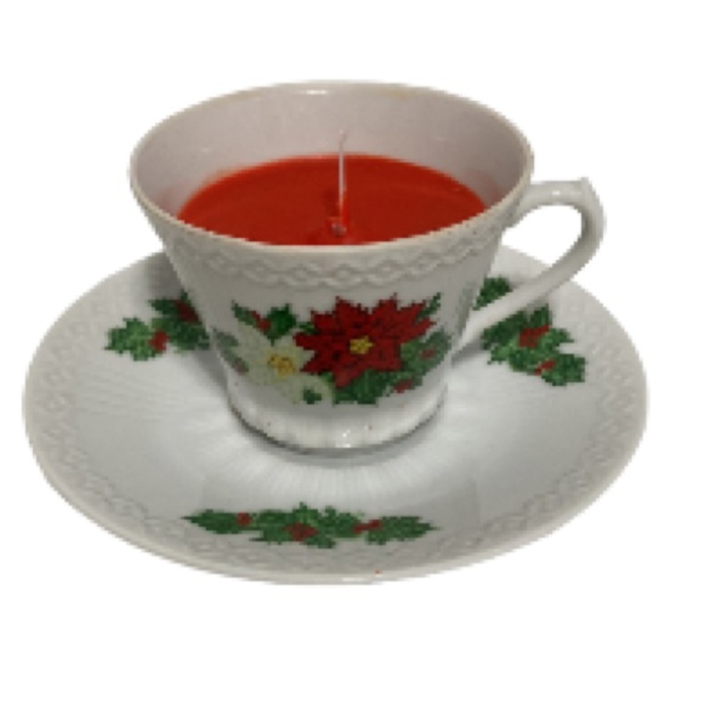 TEACUP and SAUCER CANDLE Holly Leaf Winter Holiday Design Fine Bone China 4 oz